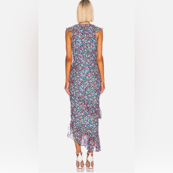 SALONI Blue Red White Print Flocked ANITA Ruffle Silk Maxi - Picture 6 of 6